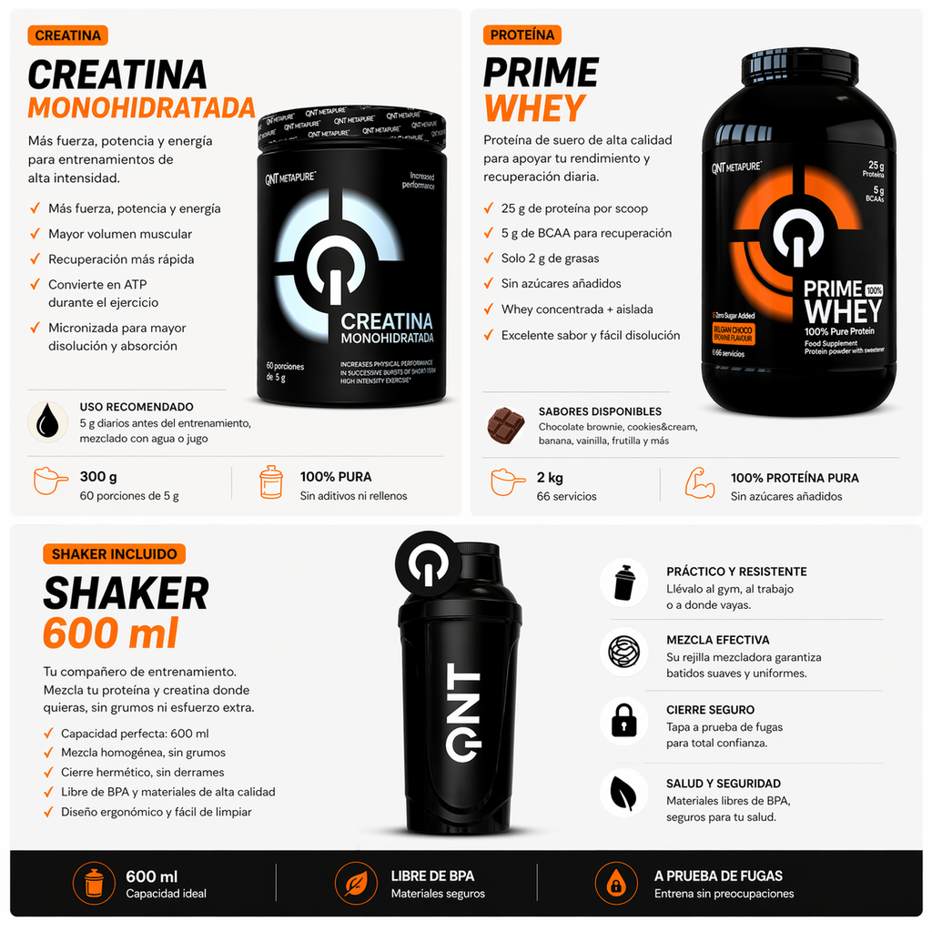 Pack Proteína Prime Whey 2k + Creatina 300 gr + Shaker (2 meses)