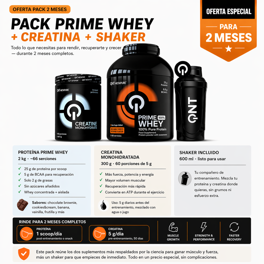 Pack Proteína Prime Whey 2k + Creatina 300 gr + Shaker (2 meses)
